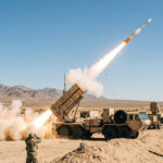 Ein militärisches Flugabwehrsystem vom Typ Patriot feuert eine Rakete in den Himmel ab