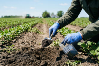 Wissenschaftler in Schutzkleidung entnimmt eine Bodenprobe auf einem Feld