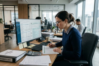 Erschöpfte Arbeitskraft sitzt vor einem Computer in einem Büro in Griechenland
