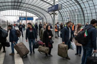 Πλήθος προσφύγων με αποσκευές συγκεντρωμένοι σε ευρωπαϊκό σταθμό υποδοχής