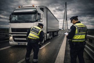 Γερμανικό περιπολικό πραγματοποιεί έλεγχο σε φορτηγό για πρόστιμα υπέρβαρων οχημάτων