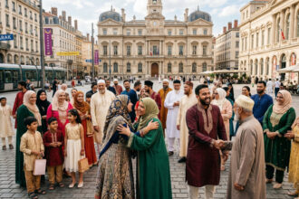 Muslime in festlicher Kleidung versammeln sich auf einem Platz in Athen zum Ende des Ramadan