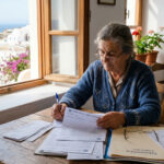 Älterer Mensch in Griechenland prüft Papiere für die Rentenauszahlung Mai 2026.