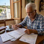 Ein älterer Mann in Griechenland blickt auf Dokumente zur Rentenauszahlung der e-EFKA.