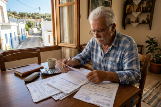 Ein älterer Mann in Griechenland blickt auf Dokumente zur Rentenauszahlung der e-EFKA.