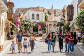 Menschen und Familien in den Gassen der Altstadt von Rethymno auf Kreta