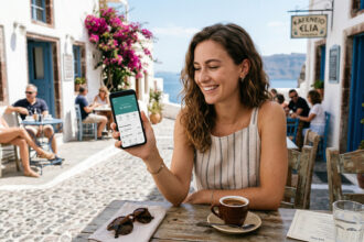 Eine Person hält ein Smartphone mit der Revolut-App in der Hand, während sie in einem Café in Griechenland sitzt