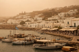 Eine griechische Küstenstadt hüllt sich in dichten, gelblichen Saharastaub.