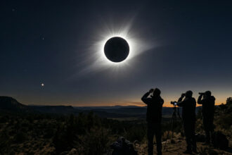 Eine totale Sonnenfinsternis am Himmel, bei der die solare Korona deutlich sichtbar ist.