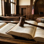 Ein Gerichtshammer liegt auf Gesetzbüchern in einem spanischen Gerichtssaal