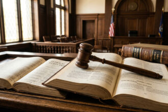 Ein Gerichtshammer liegt auf Gesetzbüchern in einem spanischen Gerichtssaal