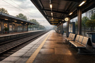 Άδεια αποβάθρα σιδηροδρομικού σταθμού περιφερειακού δικτύου τοπικών συγκοινωνιών