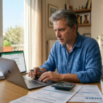 Ein Steuerzahler in Griechenland prüft Finanzdokumente auf einem Laptop für die Steuerrückzahlung 2026.