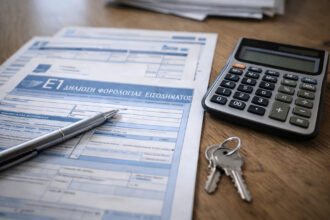 Ein offizielles griechisches Steuerdokument neben einem Taschenrechner und Schlüsseln auf einem Schreibtisch