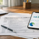 Ein griechisches Steuerdokument liegt neben einem Smartphone mit Krypto-App auf einem Schreibtisch.