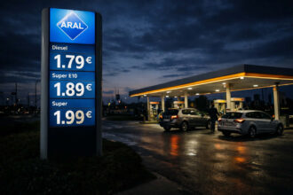 Ηλεκτρονικός πίνακας τιμών σε γερμανικό πρατήριο υγρών καυσίμων με αυξημένες τιμές βενζίνης και ντίζελ
