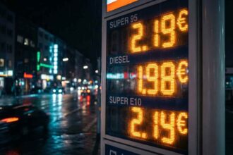 Ηλεκτρονική πινακίδα σε πρατήριο καυσίμων στη Γερμανία που δείχνει υψηλές τιμές