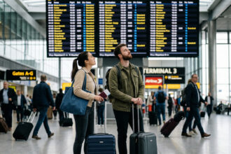 Eine verschwommene Anzeigetafel an einem internationalen Flughafen, davor Reisende mit Gepäck, die auf ihre geänderten Flüge warten.