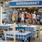 Άδεια τραπέζια παραδοσιακής ελληνικής ταβέρνας δίπλα στη θάλασσα με γεμάτο σούπερ μάρκετ στο βάθος