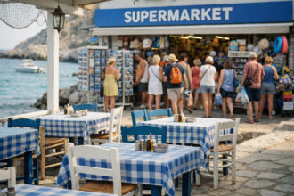 Άδεια τραπέζια παραδοσιακής ελληνικής ταβέρνας δίπλα στη θάλασσα με γεμάτο σούπερ μάρκετ στο βάθος