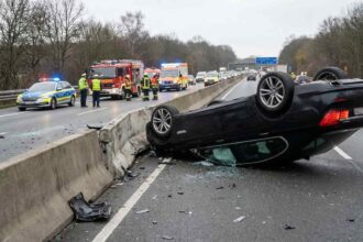 Αναποδογυρισμένο υπηρεσιακό όχημα στον αυτοκινητόδρομο μετά από σοβαρό τροχαίο ατύχημα με όχημα συντήρησης