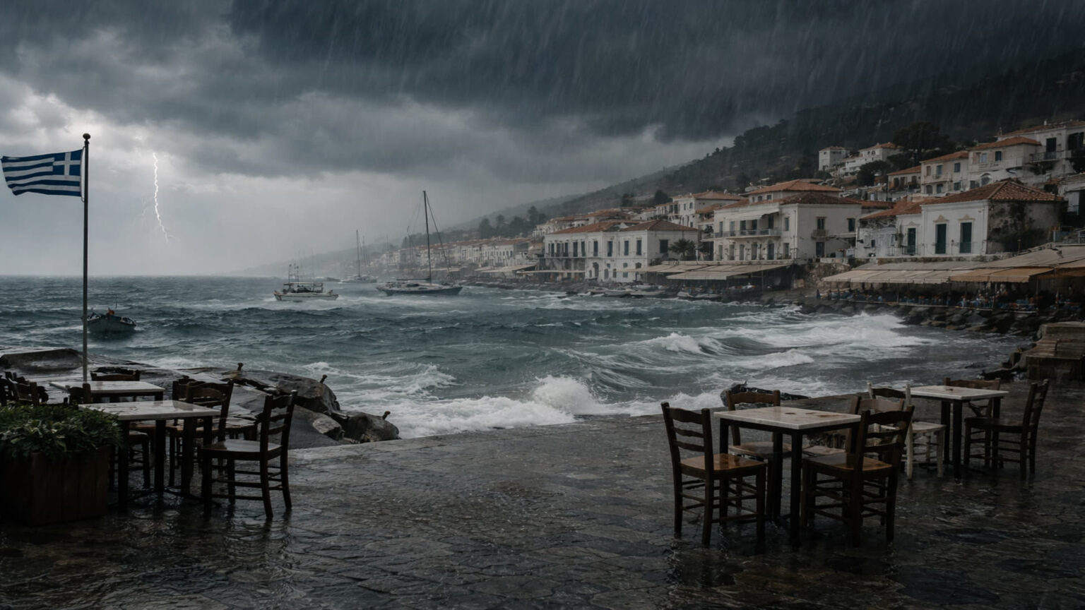 Schwere Regenfront und stürmische Winde in Griechenland während des Unwetters Erminio
