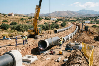 Große Wasserrohre werden für ein neues Infrastrukturprojekt in einer griechischen Gemeinde verlegt