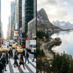 Menschen auf einer Straße in Griechenland im Kontrast zu einer nordeuropäischen Landschaft
