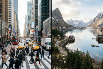 Menschen auf einer Straße in Griechenland im Kontrast zu einer nordeuropäischen Landschaft