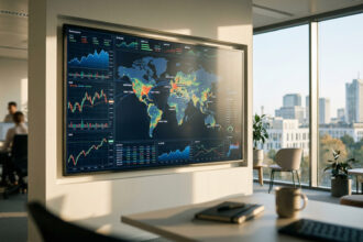 Grafische Darstellung von Wirtschaftstrends und der Wachstumsprognose für Griechenland 2026 auf einem digitalen Bildschirm.