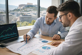 Finanzexperten analysieren Wirtschaftsdaten in einem modernen Bürogebäude in Athen