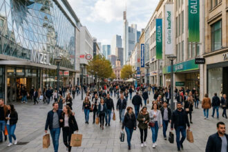 Πλήθος κόσμου περπατά στην εμπορική οδό Zeil στη Φρανκφούρτη με φόντο τα σύγχρονα καταστήματα