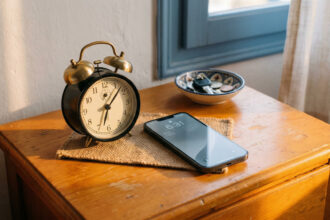 Eine analoge Uhr und ein modernes Smartphone zeigen die Zeitumstellung auf Sommerzeit in Griechenland