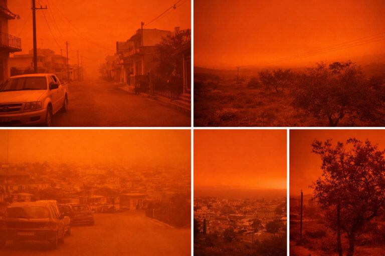 Mehrere Szenen auf Kreta zeigen extremen Saharastaub mit orangefarbenem Himmel und stark eingeschränkter Sicht