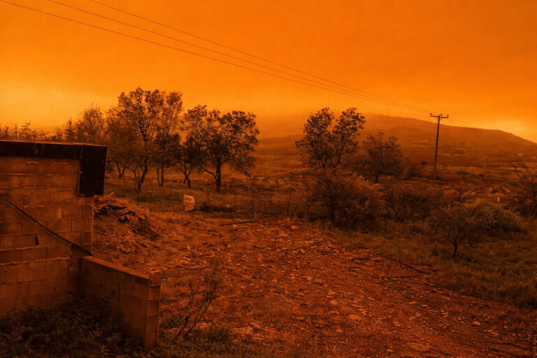 Ländliche Landschaft in Griechenland unter extremem Saharastaub mit orangefarbenem Himmel