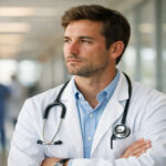 Ein junger Arzt steht nachdenklich im Flur eines modernen Krankenhauses