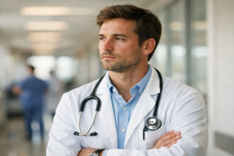 Ein junger Arzt steht nachdenklich im Flur eines modernen Krankenhauses