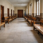 Justizgebäude in Griechenland mit Fokus auf architektonische Details des Eingangs