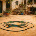Ein griechisches Gerichtsgebäude und ein Wasserschlauch in einem Hof, der mit afrikanischem Staub bedeckt ist, als Symbol für den Streit auf Kreta.