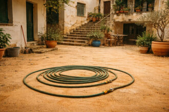 Ein griechisches Gerichtsgebäude und ein Wasserschlauch in einem Hof, der mit afrikanischem Staub bedeckt ist, als Symbol für den Streit auf Kreta.