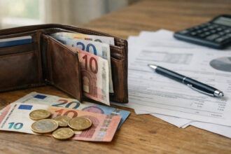 Πορτοφόλι με χαρτονομίσματα ευρώ και κέρματα δίπλα σε οικονομικά διαγράμματα