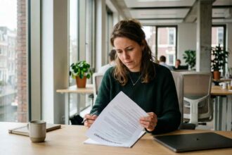 Ένας ενοικιαστής διαβάζει με προσοχή ένα συμβόλαιο μίσθωσης κατοικίας σε ένα σύγχρονο γραφείο