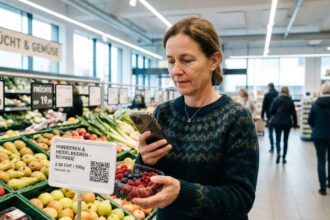 Ένας καταναλωτής σκανάρει μια ετικέτα με 2D barcode σε ένα τμήμα φρέσκων φρούτων σε σούπερ μάρκετ