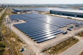 Εκτεταμένο πάρκο με φωτοβολταϊκά πάνελ κάτω από τον ήλιο που παράγει καθαρή ενέργεια