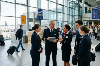 Πιλότοι και πλήρωμα καμπίνας συνομιλούν σοβαρά στους διαδρόμους αναχωρήσεων ενός μεγάλου ευρωπαϊκού αεροδρομίου