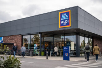 Πρόσοψη καταστήματος σούπερ μάρκετ Aldi Süd με πελάτες στην είσοδο