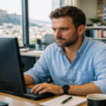 Frustrierte Arbeitnehmer in einem griechischen Büro analysieren Jobangebote