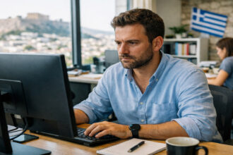 Frustrierte Arbeitnehmer in einem griechischen Büro analysieren Jobangebote