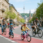 Παιδιά που κάνουν ποδήλατο με ασφάλεια σε κεντρικό δρόμο της πόλης