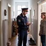 Αστυνομικός καταγράφει μαρτυρίες στο διάδρομο μιας σύγχρονης πολυκατοικίας στην Αυστρία